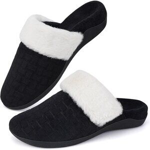 Women's Fuzzy Black Slipper Bedroom Support Slip On Scuffs Rubber Sole Shoes
